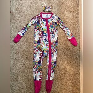 3BB “Lisa Frank” Bamboo Zippy + Matching Bow – 12–18 Months – EUC